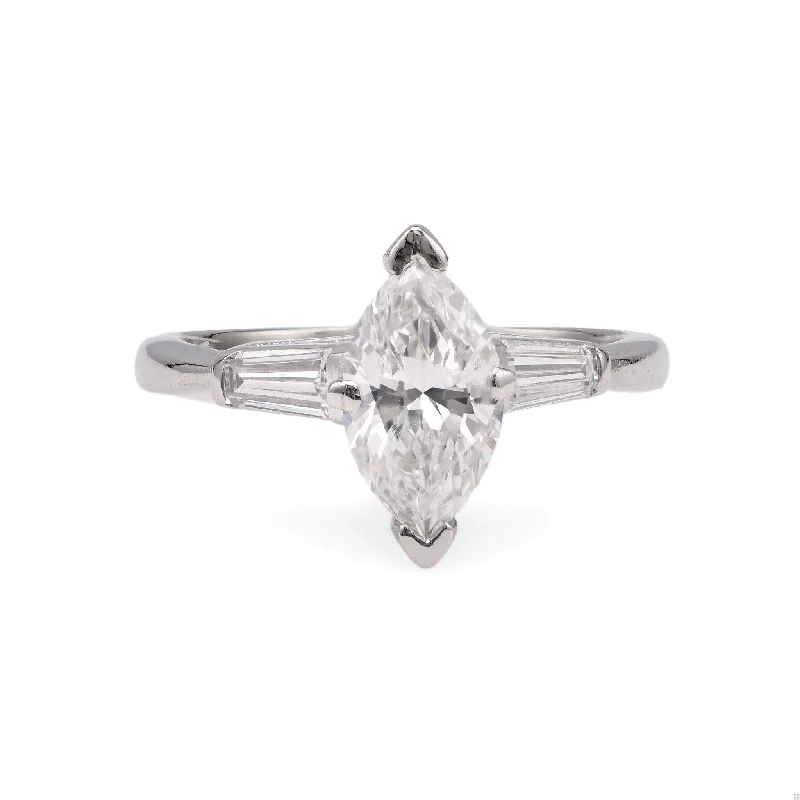 Silver Wedding Ring-Mid-Century GIA 1.03 Carat Marquise Cut Diamond Platinum Ring