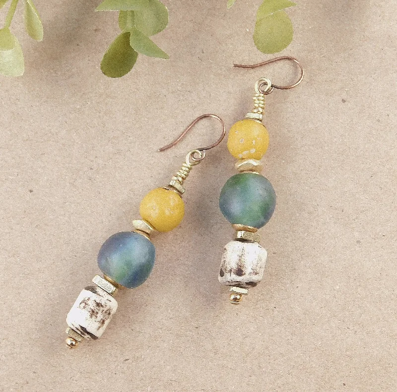 Long Crystal Earrings-Recycled Glass, Rustic Bone and Yellow Java Bead Earrings