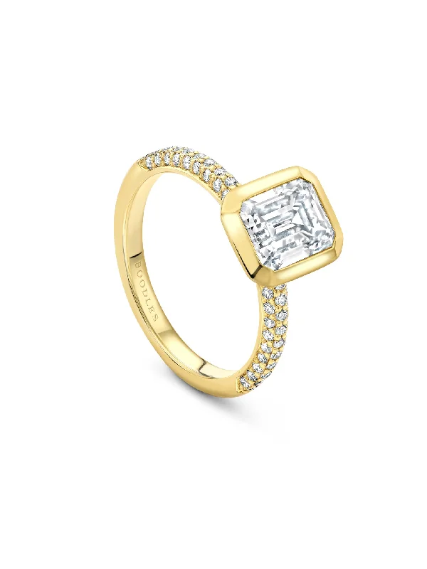 Blue Diamond Engagement Ring-Florentine Emerald Cut Diamond Yellow Gold Ring