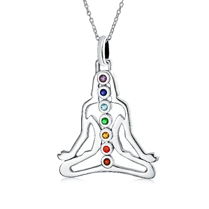 Personalized Pendant Necklace-Yoga Chakra Buddha Pendant Necklace with Multi-Color Stones in Sterling Silver