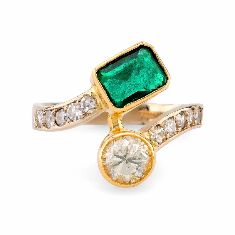 Heart-Shaped Engagement Ring-Vintage Emerald Diamond 18K Yellow Gold Bypass Ring