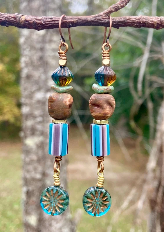 Fashion Statement Earrings-Turquoise and Brown Chevron Bead Earrings