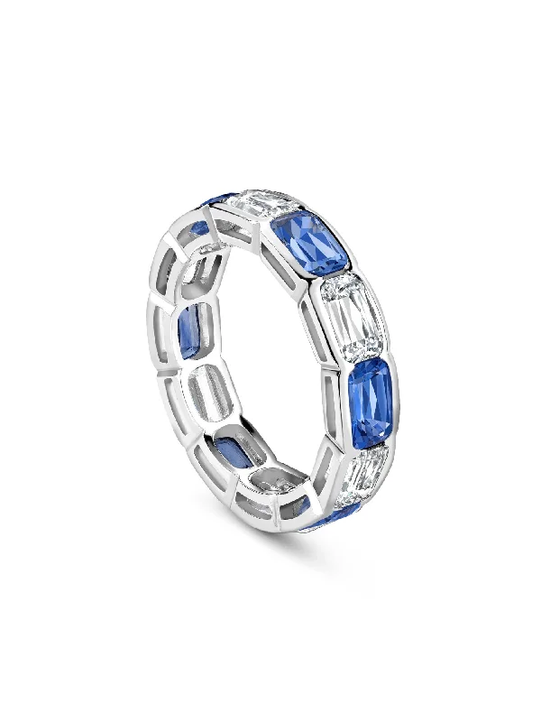 Vintage Silver Ring-Classic Ashoka Diamond Sapphire Scalloped Full Hoop Platinum Eternity Ring