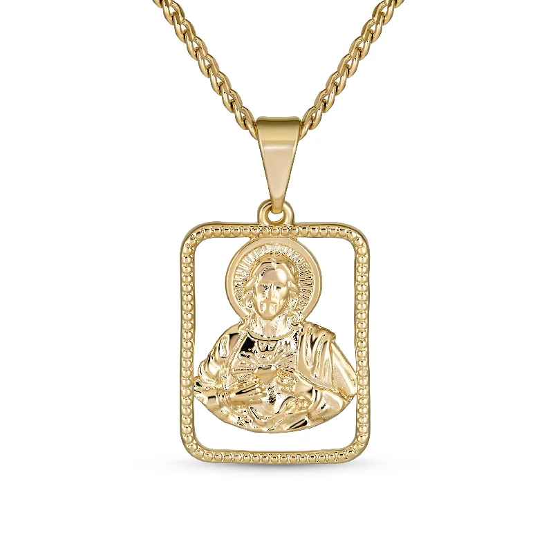 Stylish Long Necklace-Unisex Religious Pendant Necklace with Jesus Christ Medallion in Gold for Men & Teens