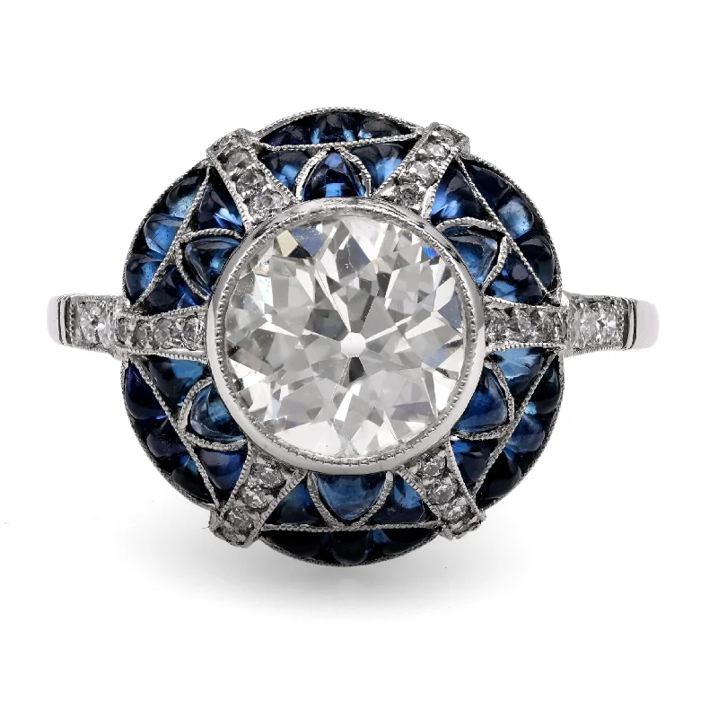 Men’s Wedding Ring with Engraving-Art Deco Inspired 1.46 Carat Diamond Sapphire Platinum Target Ring