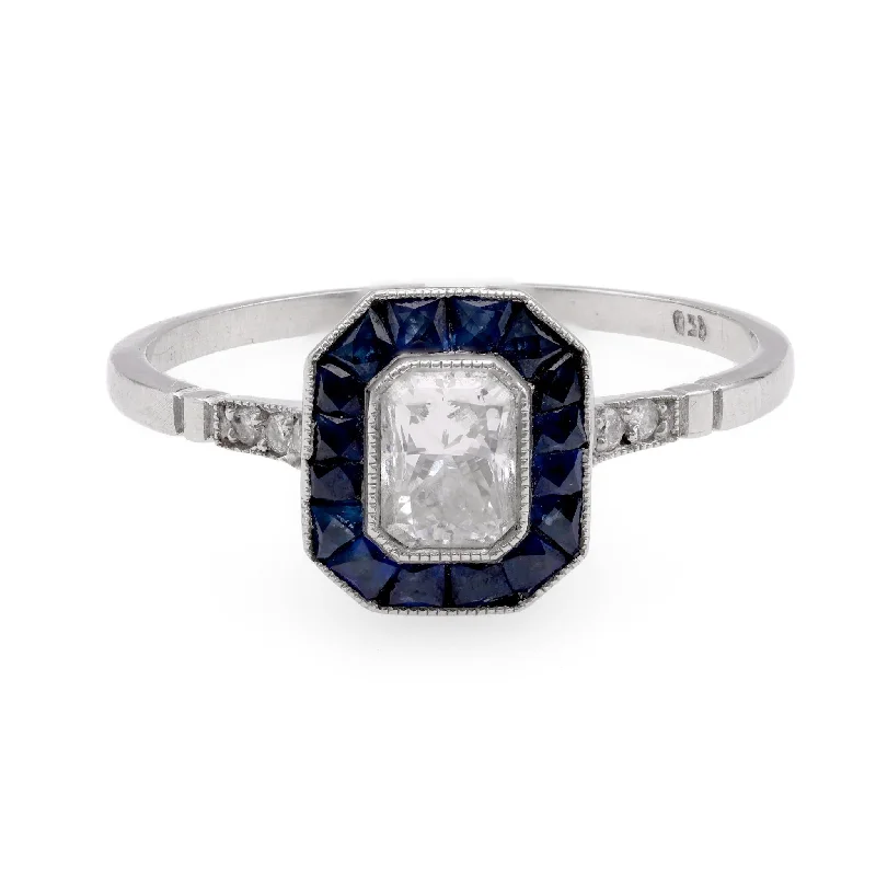 Gold Engagement Ring with Sapphire-Art Deco Inspired .47 Carat Diamond Sapphire Platinum Ring