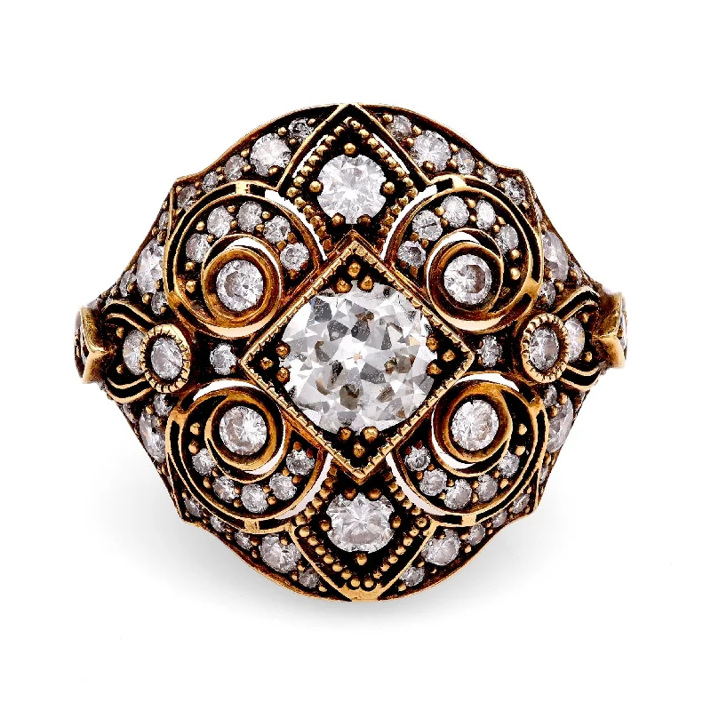 Men's Signet Ring-18k Yellow Gold Diamond Bombe Ring