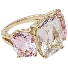 Designer Engagement Ring-Rock Crystal and Pink Topaz Yellow Gold Three-Stone Cushion Ring