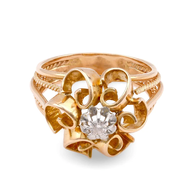 Custom Gemstone Ring-Retro French Diamond Yellow Gold and Platinum Floral Cocktail Ring