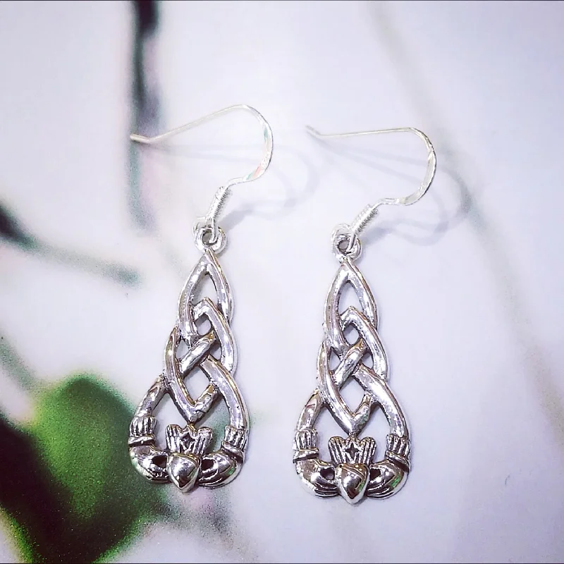 Thin Hoop Earrings-Sterling Silver Claddagh Earrings with Knotwork Motif