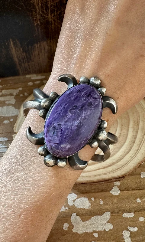 Silver Bangle for Casual Wear-CHIMNEY BUTTE Charoite Stone and Sandcast Silver Cuff