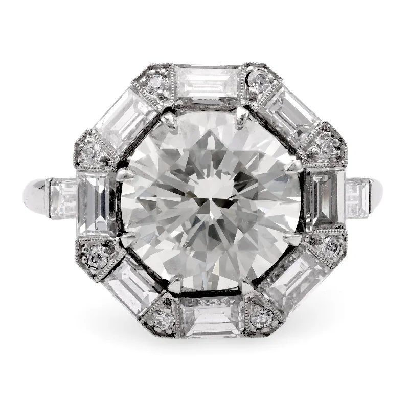 Unique Sterling Silver Ring-Art Deco Inspired 3.46 Carat Diamond Platinum Engagement Ring