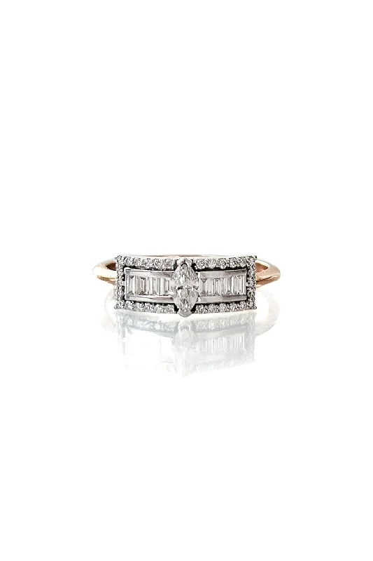 Silver Cocktail Ring-Second Wife Marquise 18K Rosegold & Whitegold Ring w. Diamonds