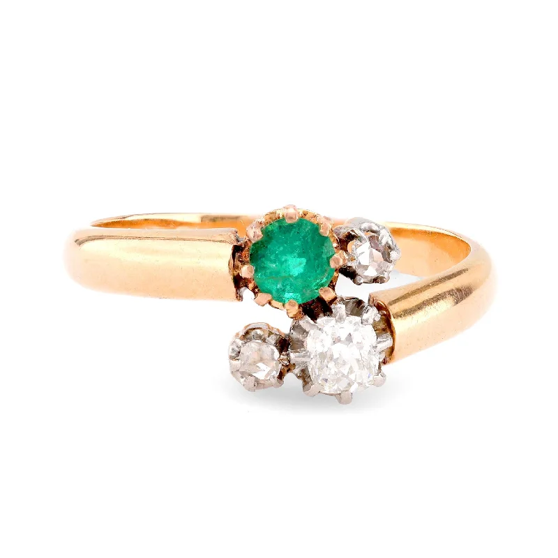 Classic Solitaire Ring-Victorian French Emerald Diamond 18K Rose Gold Toi Et Moi Ring