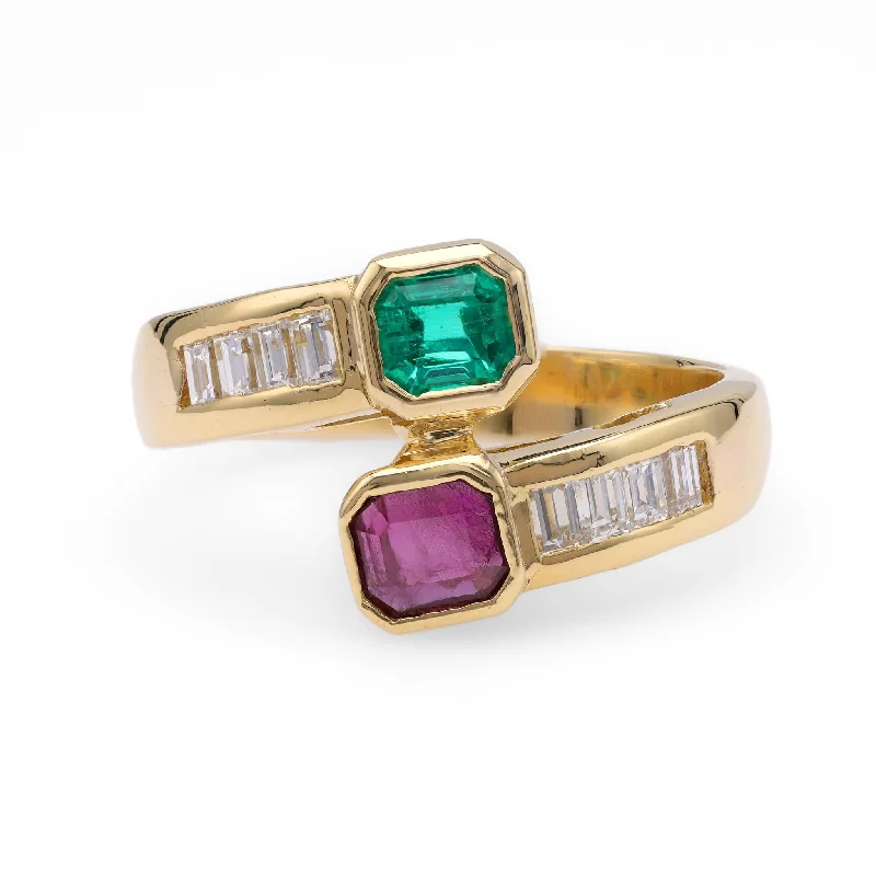 Trendy Stackable Rings-Emerald Ruby Diamond Yellow Gold Bypass Ring