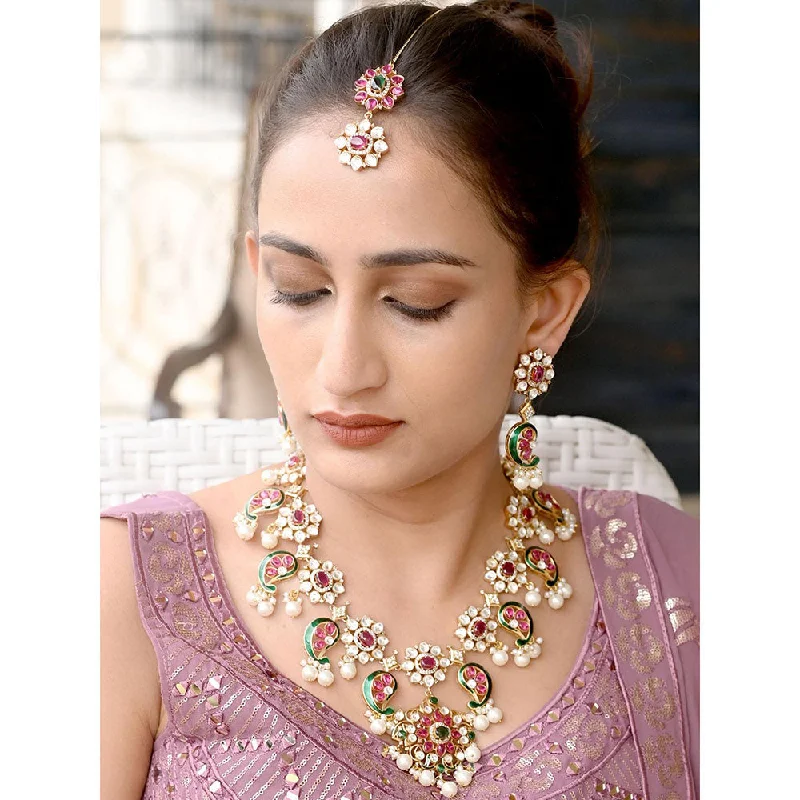 Hollow Hoop Earrings-Odette Pink Mixed Metal Embellished Gold Plated Neckpiece with Earrings & Maangtikka for Women