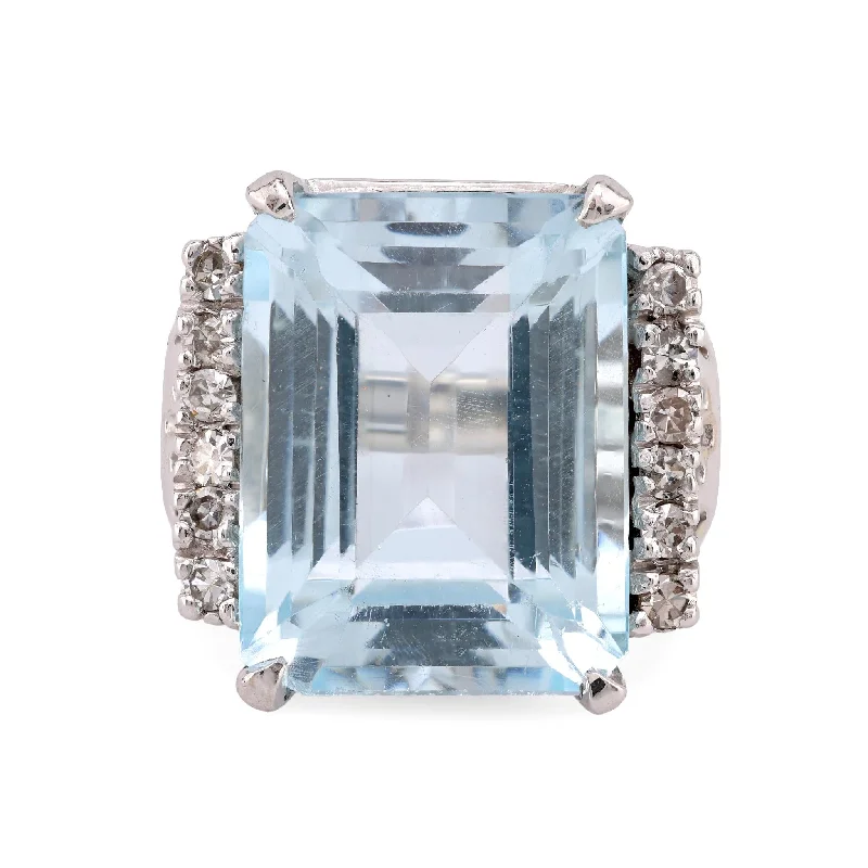 Oval Cut Diamond Ring-Vintage 15.3 Carat Aquamarine Diamond 14K White Gold Cocktail Ring