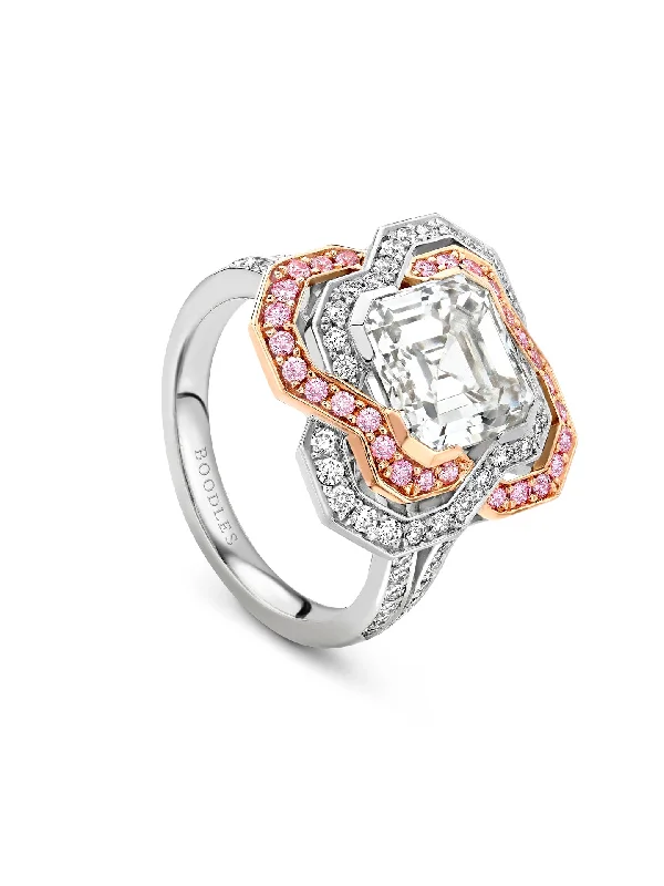 Diamond Wedding Band for Women-Pavilion Asscher Diamond and Pink Diamond Platinum Ring