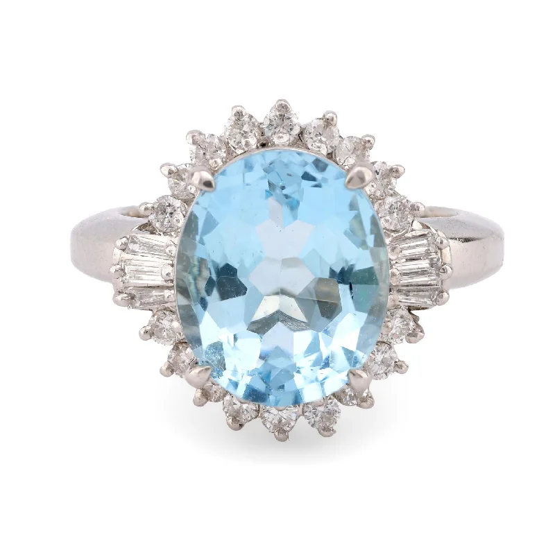 Chunky Silver Ring-Vintage 4.24 Carat Aquamarine Diamond Platinum Cocktail Ring