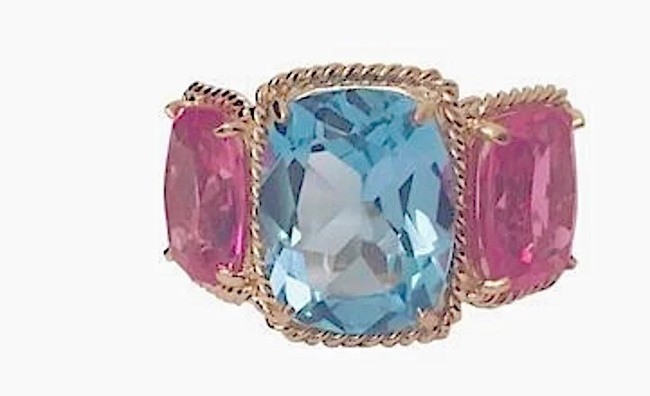 Stackable Rings for Women-Blue and Pink Topaz Gold Three Stone Ring with Rope Twist Border