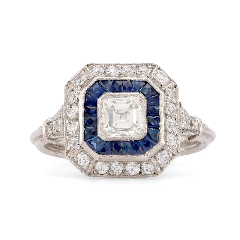 Classic Wedding Band-Art Deco Style Diamond Sapphire Platinum Square Halo Ring