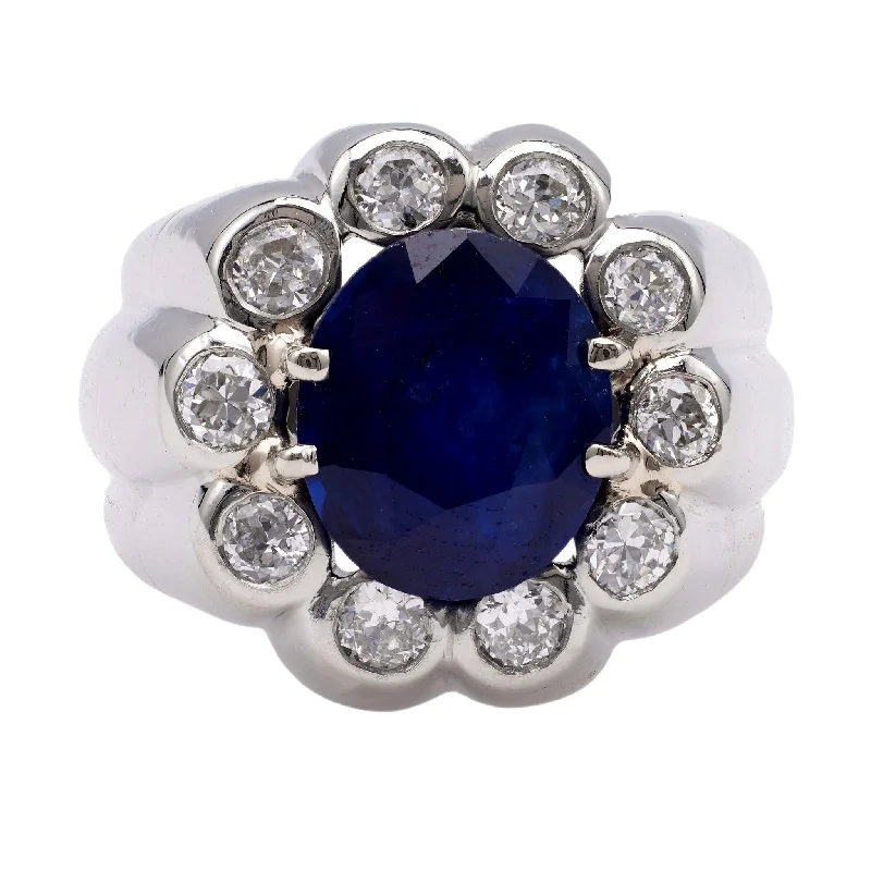 Wedding Ring with Diamonds-Mid-Century French Sapphire and Diamond Platinum Ring