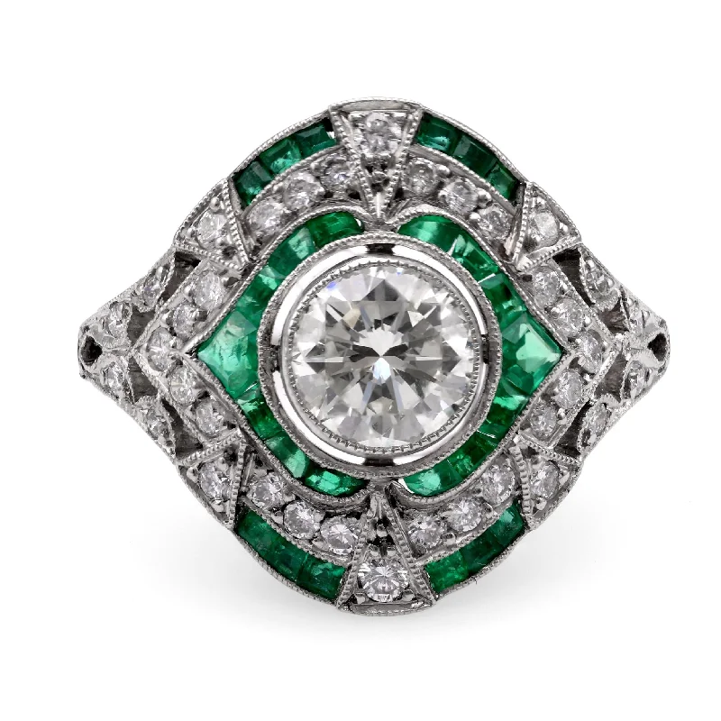 Classic Rose Gold Ring-Art Deco Inspired .83 Carat Diamond Emerald Platinum Ring