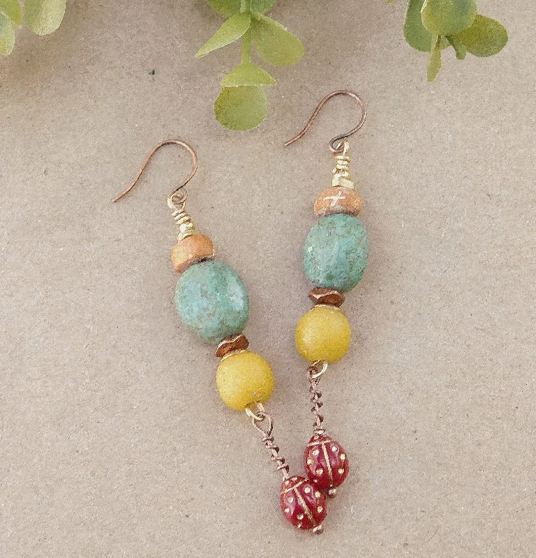 Birthstone Earrings-Turquoise Czech and Ladybug Charm Dangling Earrings