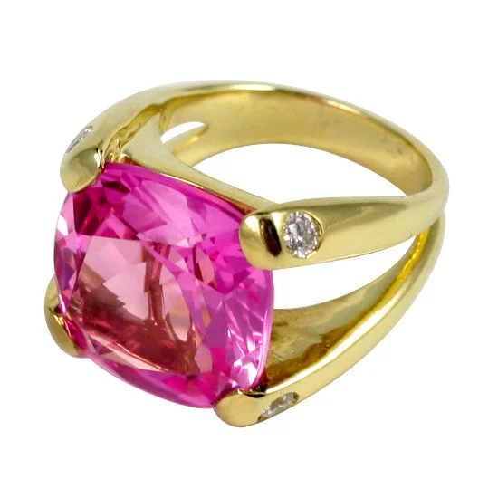 Custom Birthstone Ring for Mom-Faceted Cushion Cut Pink Topaz Dome Ring with Diamonds