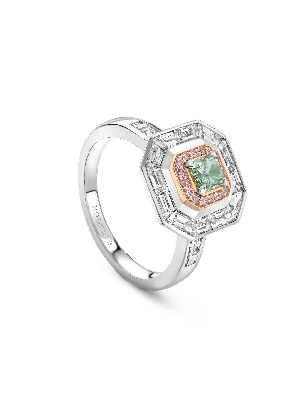 Classic Gold Wedding Ring-Vintage Radiant Cut Green Diamond and Pink Diamond Ring