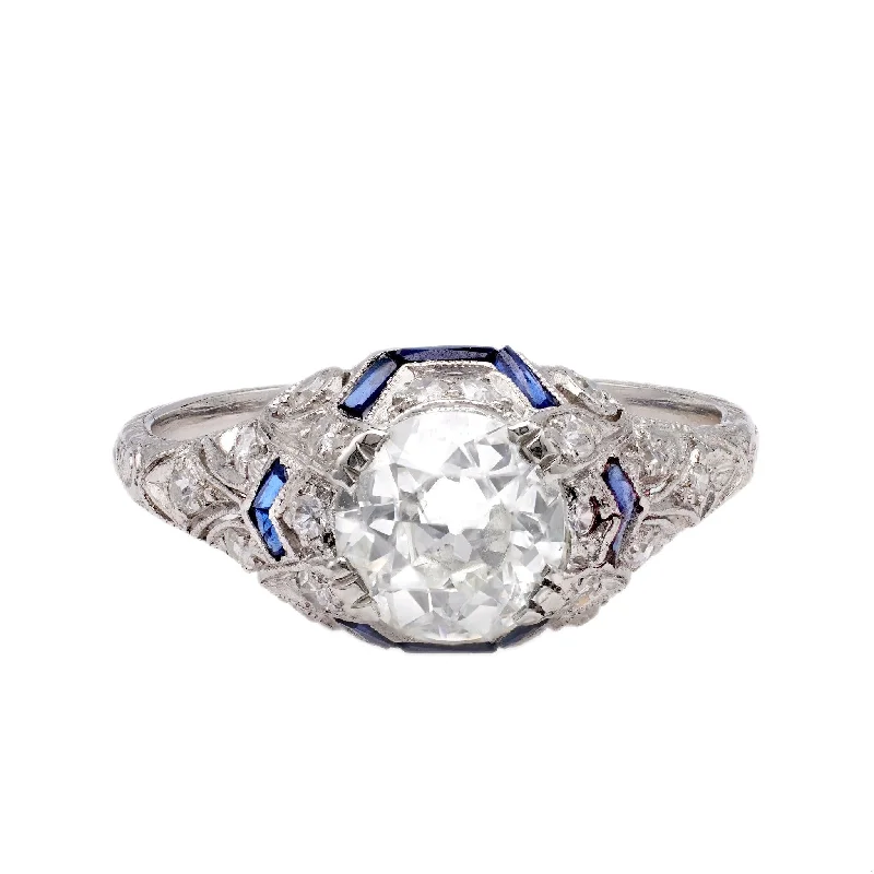 Rose Gold Promise Ring-Art Deco GIA 1.51 Carat Old European Cut Diamond and Sapphire Platinum Ring