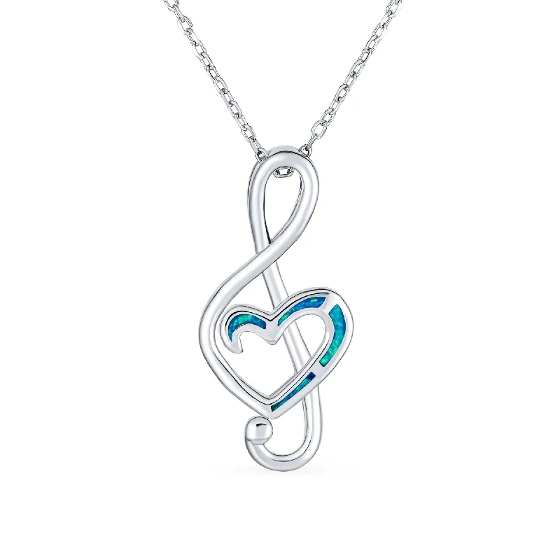 Gold Necklace for Party-Musical Blue Opal Heart Treble Clef Pendant Necklace in Sterling Silver