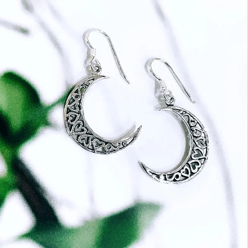 Large Dangle Earrings-Sterling Silver Moon Earrings with Hearts