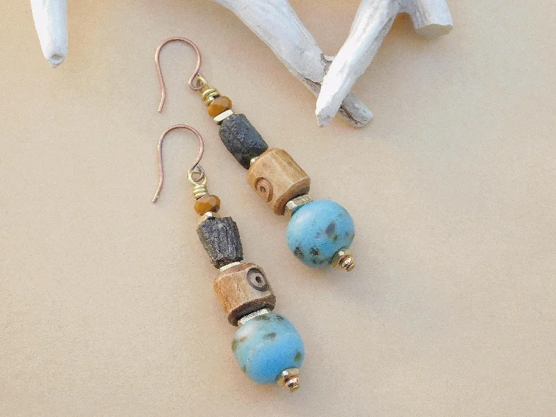 Blue Gem Earrings-Vintage Style Turquoise Recycled Glass Bead Earrings