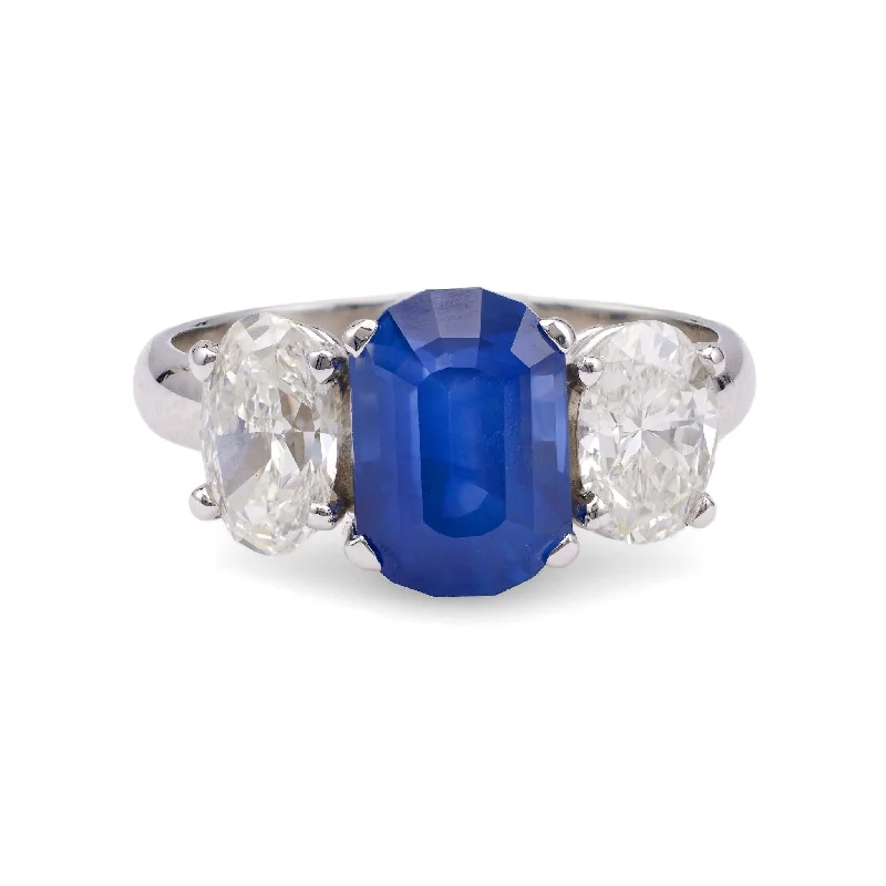 Women’s Ring with Gemstones-Vintage GIA 3.65 Carat Ceylon Sapphire Diamond Platinum Three Stone Ring