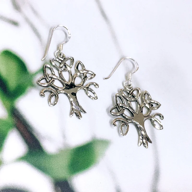 Silver Teardrop Earrings-Sterling Silver Trinity Tree of Life Earrings