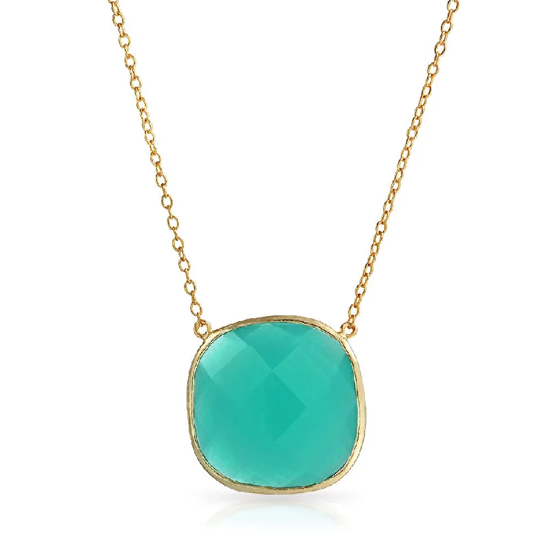 Handmade Gold Necklace-Exquisite Teal Blue-Green Faceted Stone Pendant Necklace 14K Gold-Plated Silver