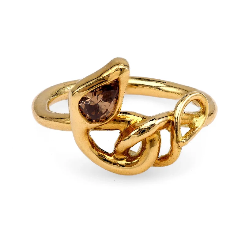 Vintage Gemstone Ring-18k Yellow Gold Snake Ring with Champagne Diamond