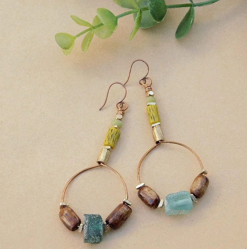 Colorful Gem Earrings-Roman Glass, Vintage Kakamba Bamboo Bead and Bone Hoop Earrings