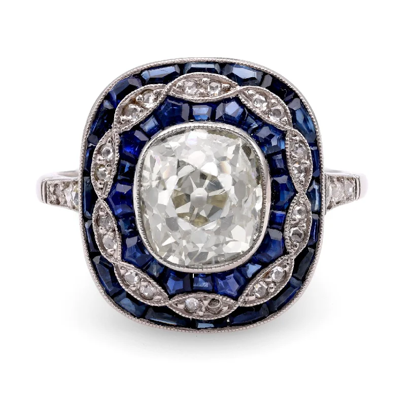 Custom Engraved Ring-Art Deco Inspired 2.24 Carat Old Mine Diamond Sapphire Platinum Dinner Ring