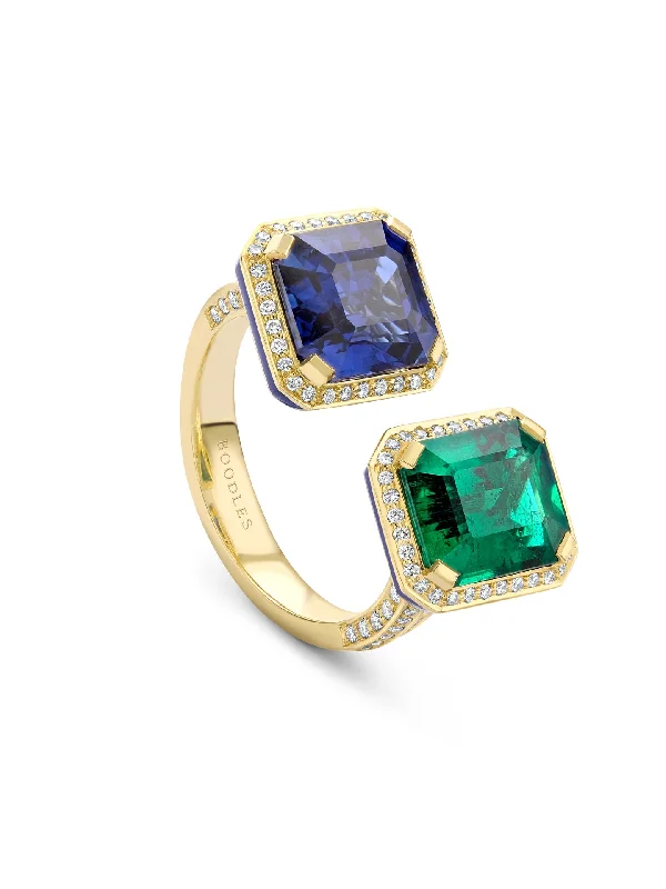 Classic Rose Gold Ring-Classic Gemini Emerald and Sapphire Yellow Gold Ring