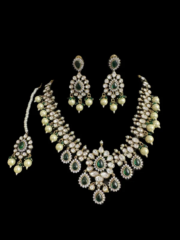 Fashion Jewelry Necklace-BR303 High quality Polki necklace set with tika - green  ( READY TO SHIP )