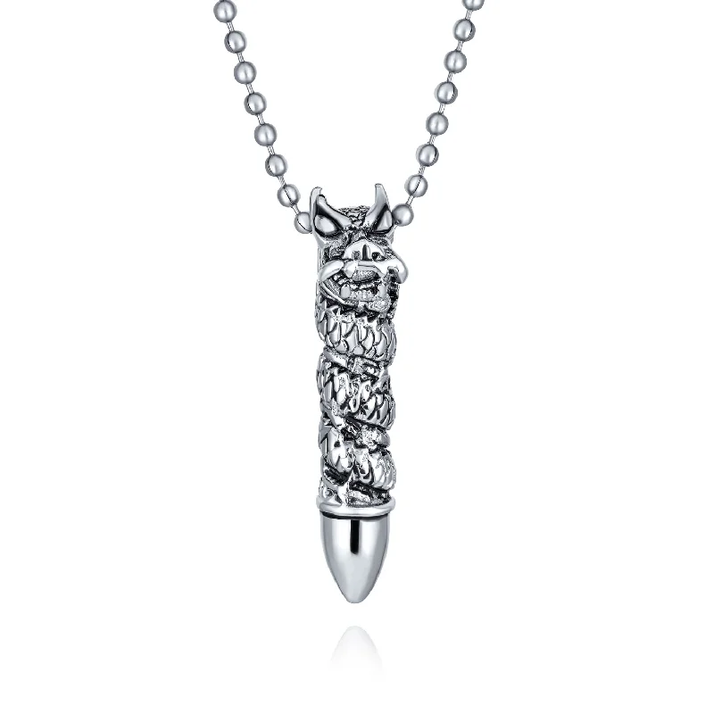 Simple Chain Necklace-Biker Goth Viking Dragon Bullet Pendant Necklace for Men Silver Stainless Steel