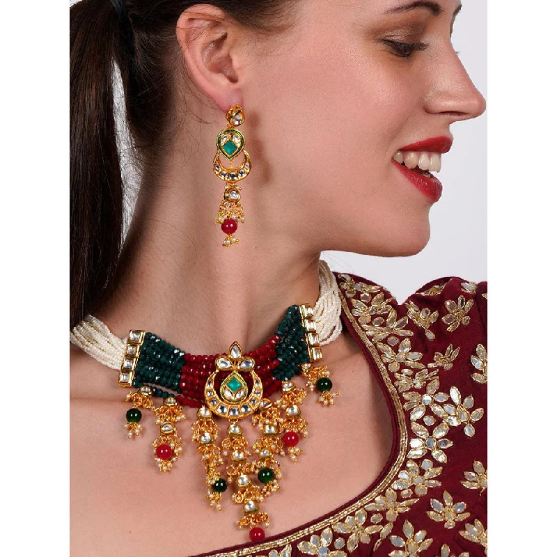 Silver Jewelry Earrings-Odette Elegant red-green crystal, pearl, & kundan choker with earrings!