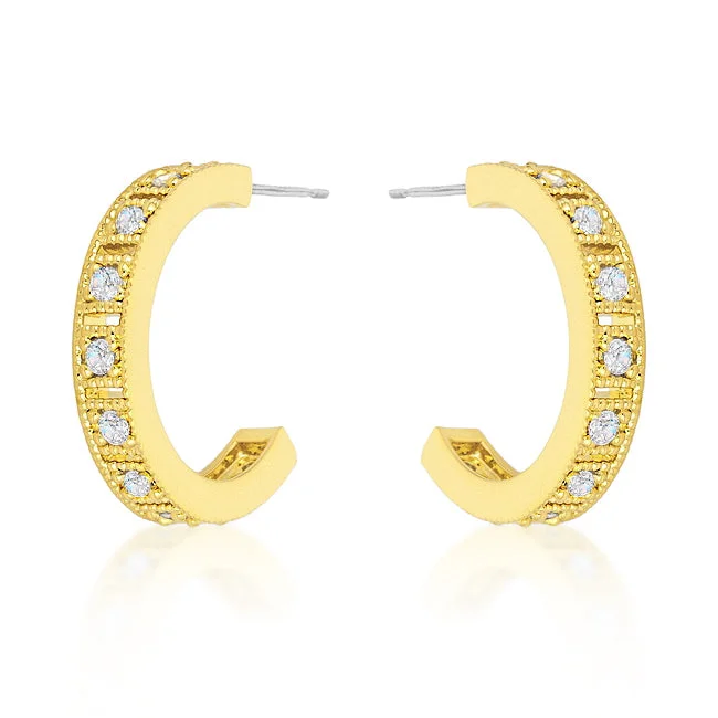 Long Crystal Earrings-Edmee Gold Milgrain Small Hoop Earrings