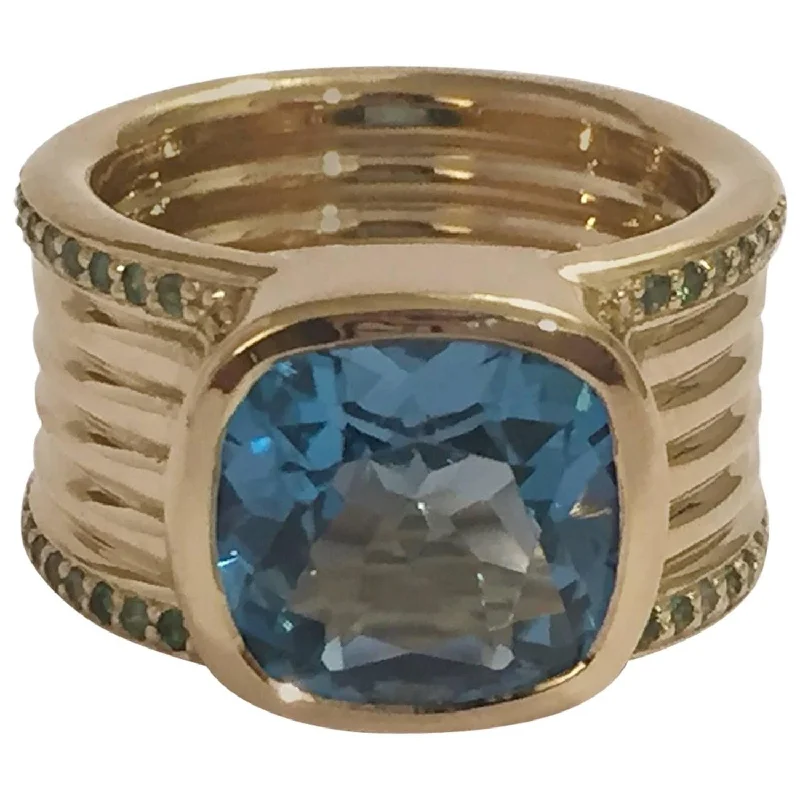 Sapphire Ring for Women-Blue Topaz Green Garnet Gold Cigar Band Ring