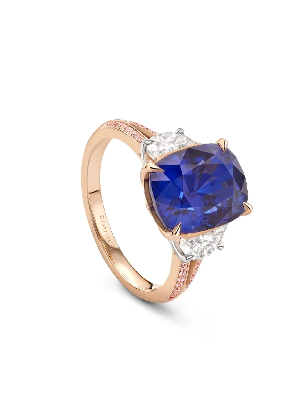 Silver Cocktail Ring-Trilogy Split Shoulder Sapphire and Diamond Rose Gold Ring