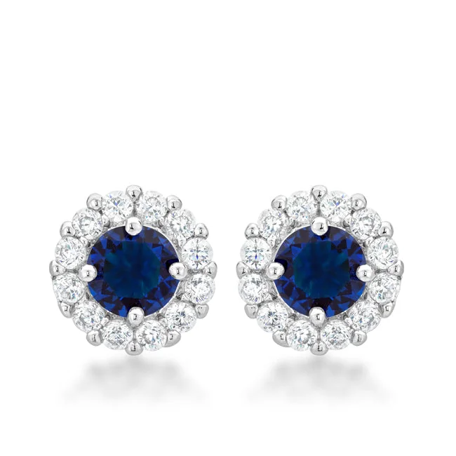 Layered Pearl Earrings-Belle Sapphire Blue Halo Stud Earrings | 2ct