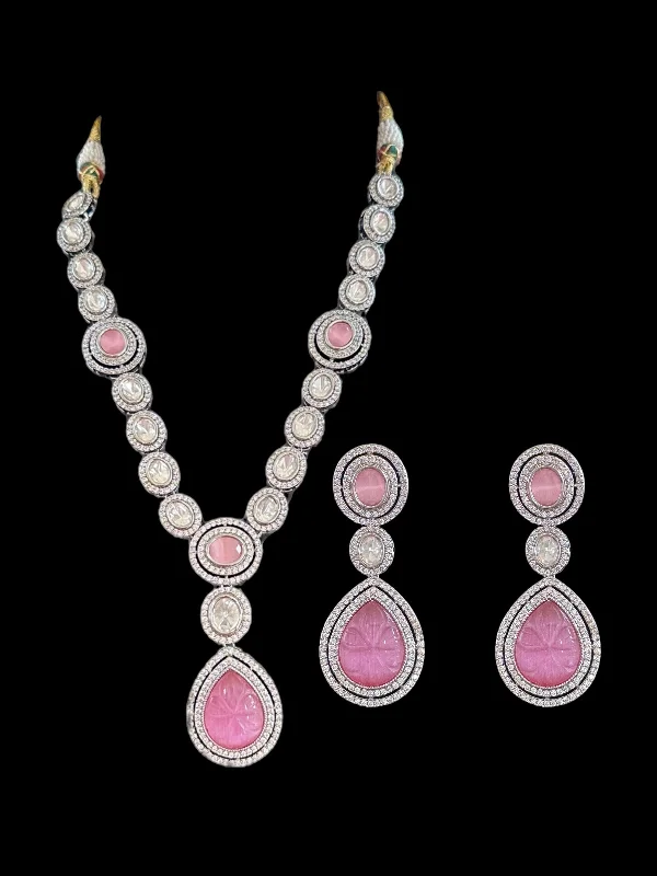 Handmade Silver Necklace-DNS55 Reema high quality Polki necklace set - PINK  ( READY TO SHIP )