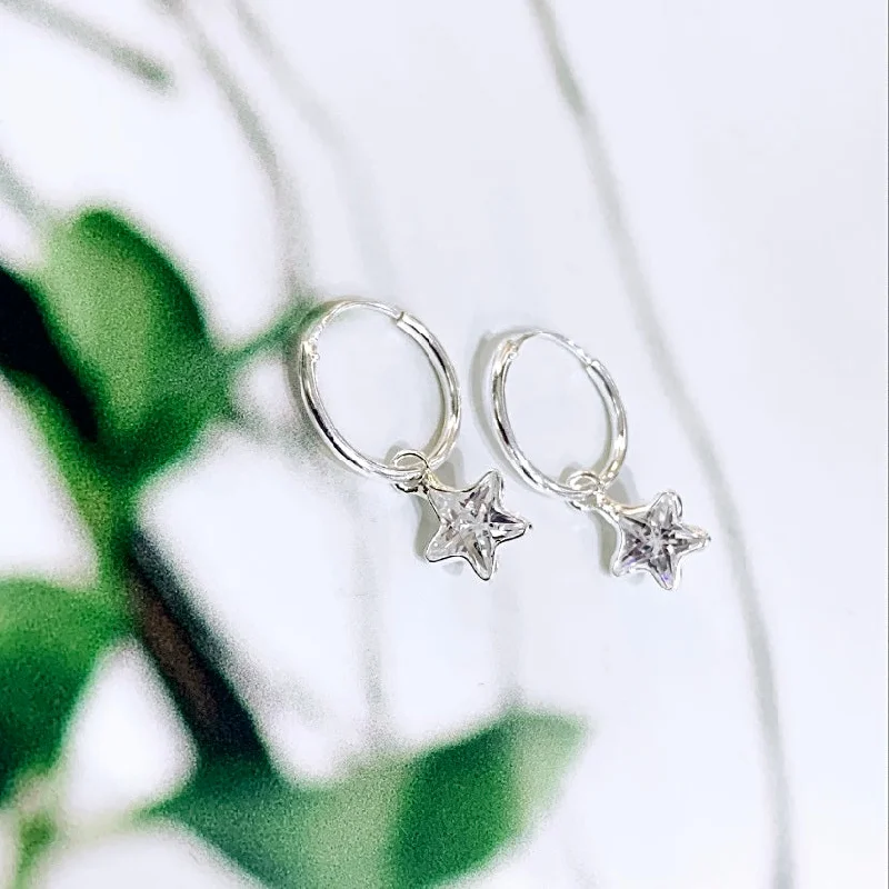 Vintage Drop Earrings-Sterling Silver Star Hoops (1.2cm)